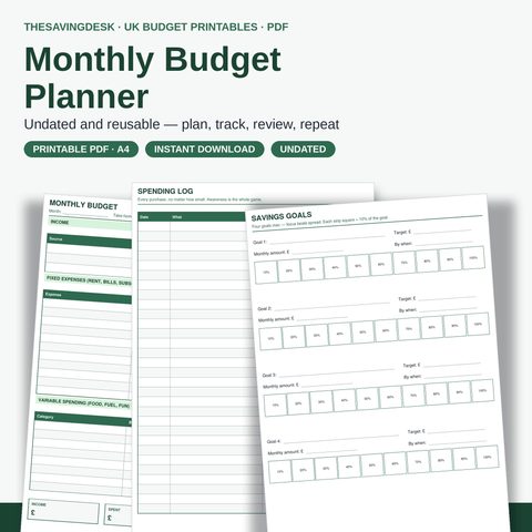 Monthly budget planner printable — budget sheet, spending log, savings goals