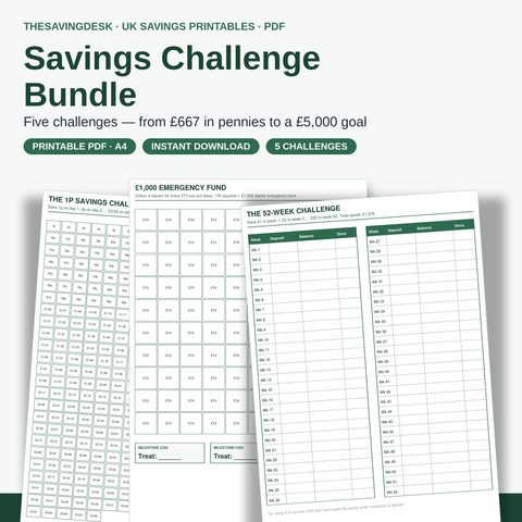 Savings challenge printable bundle — 1p challenge to £5,000 tracker