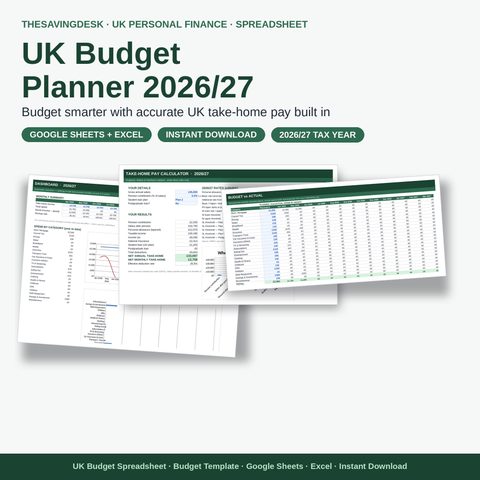 UK Budget Planner 2026/27 spreadsheet with take-home pay calculator